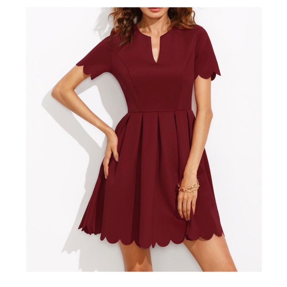 Burgundy Red V-neck Fit & Flare Scallop Dress